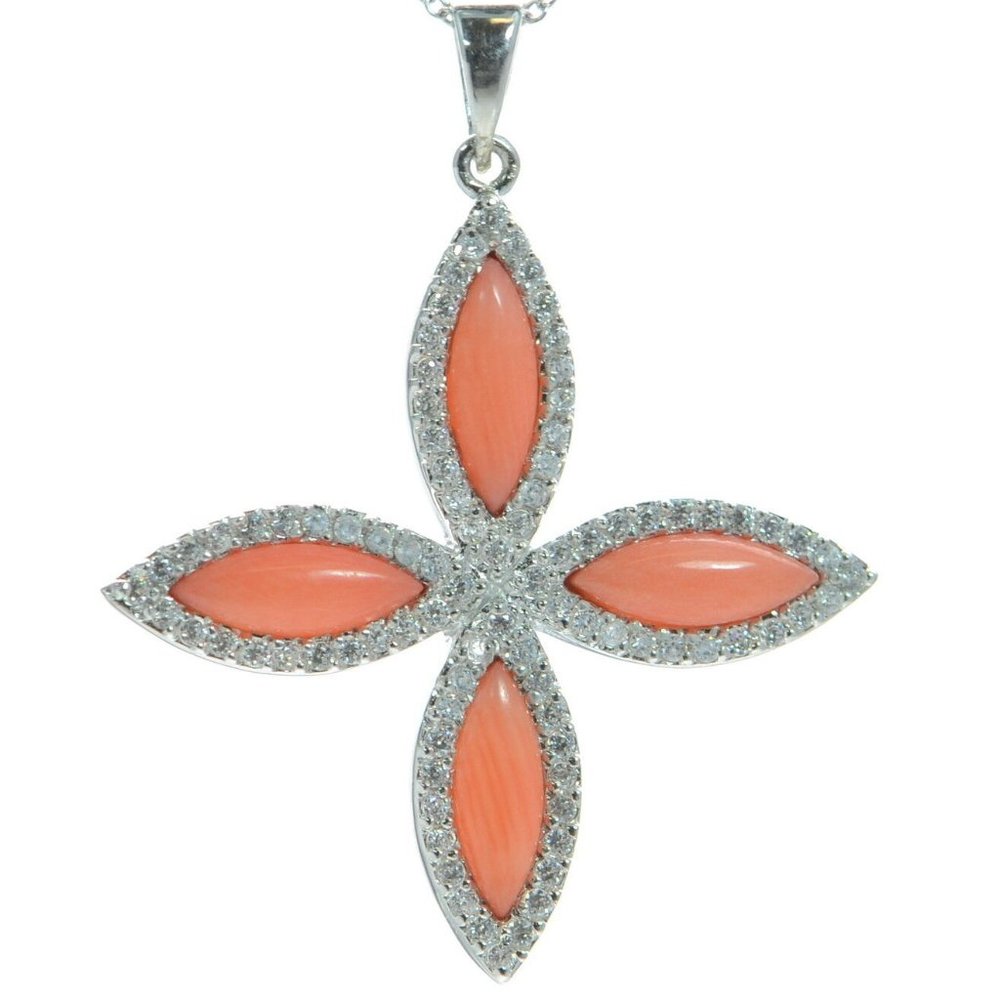 Joseph Esposito Solid 925 Sterling Silver Coral Flower Pendant Necklace